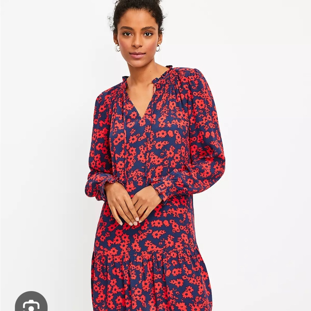 LOFT Floral Red and Blue Ruffled Tiered Dress. NWT